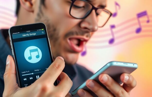 Person summt ins Smartphone zur Liedidentifikation.