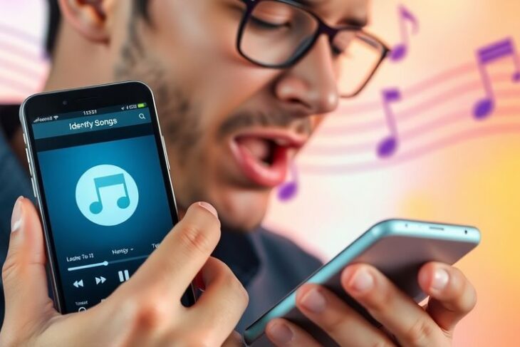 Person summt ins Smartphone zur Liedidentifikation.