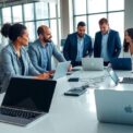 Professionelles Meeting mit Technologie und Kunden im Büro.