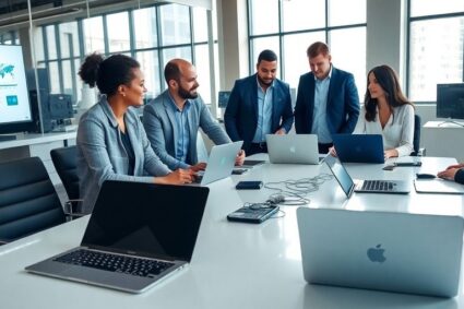 Professionelles Meeting mit Technologie und Kunden im Büro.