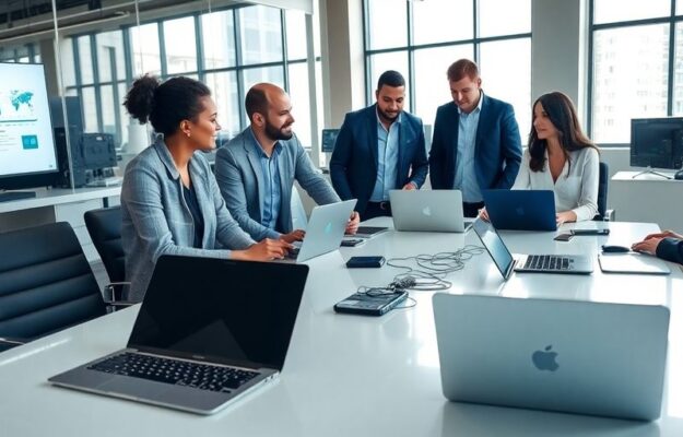 Professionelles Meeting mit Technologie und Kunden im Büro.