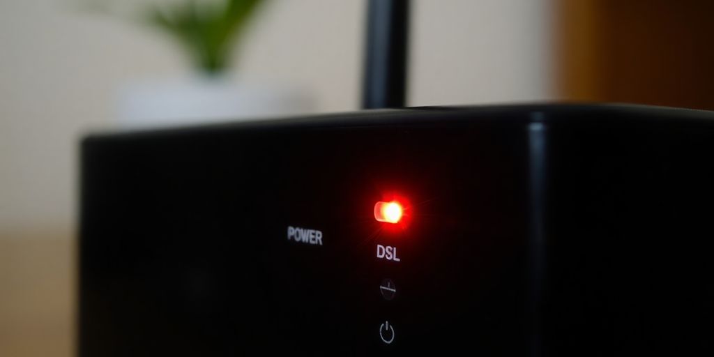 Fritzbox-Router mit blinkenden Power- und DSL-Leuchten.