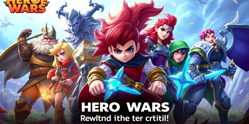 Helden aus Hero Wars auf einem magischen Schlachtfeld.